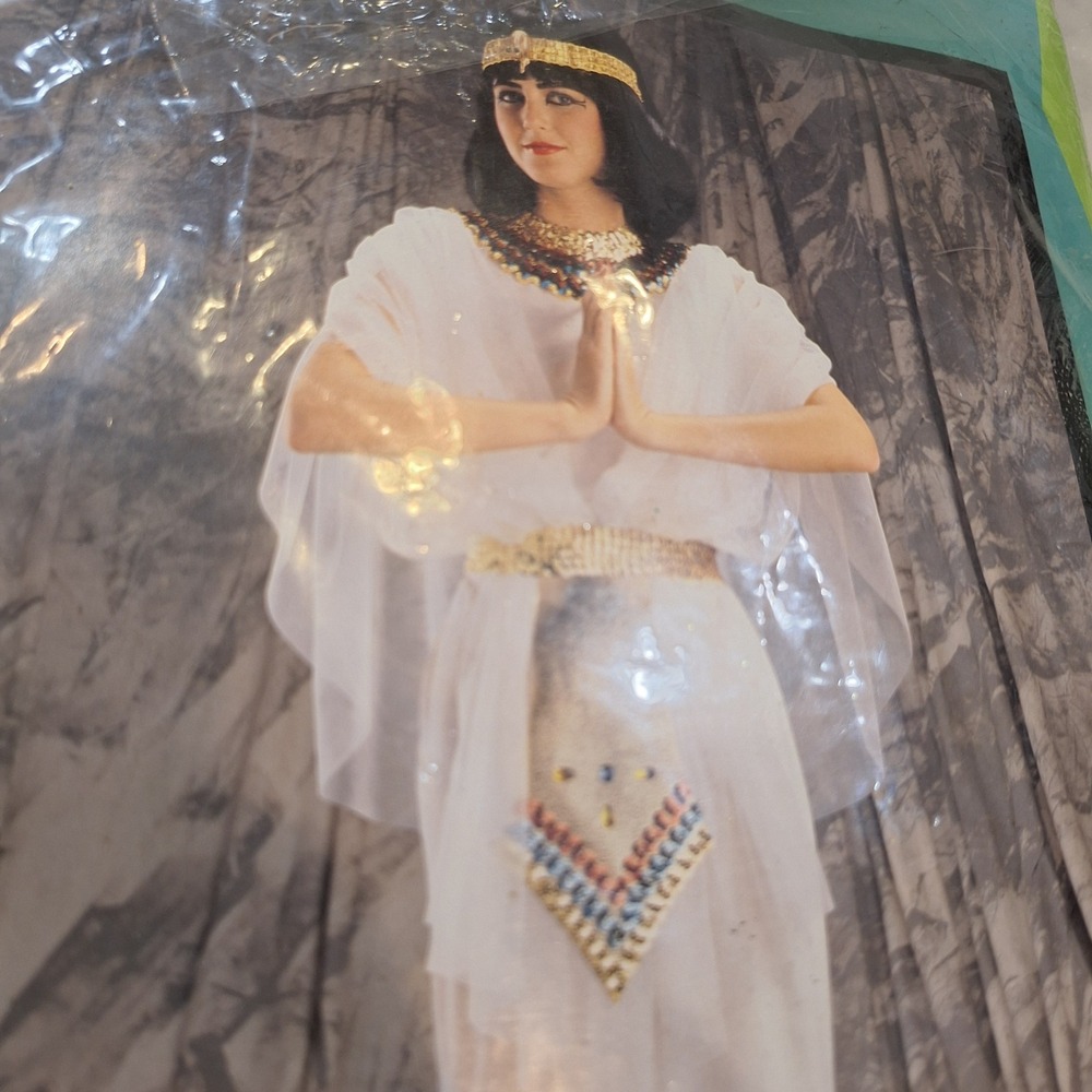 Vtg 80s Deluxe Egyptian Costume OS White Gown Gold Sequin Goddess 119A Head Pc
